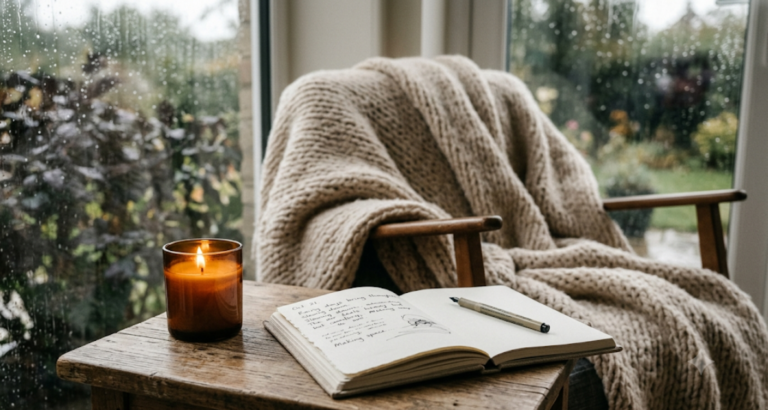 Cozy knit blanket draped by a rainy window, a quiet space for gentle self-compassion journaling